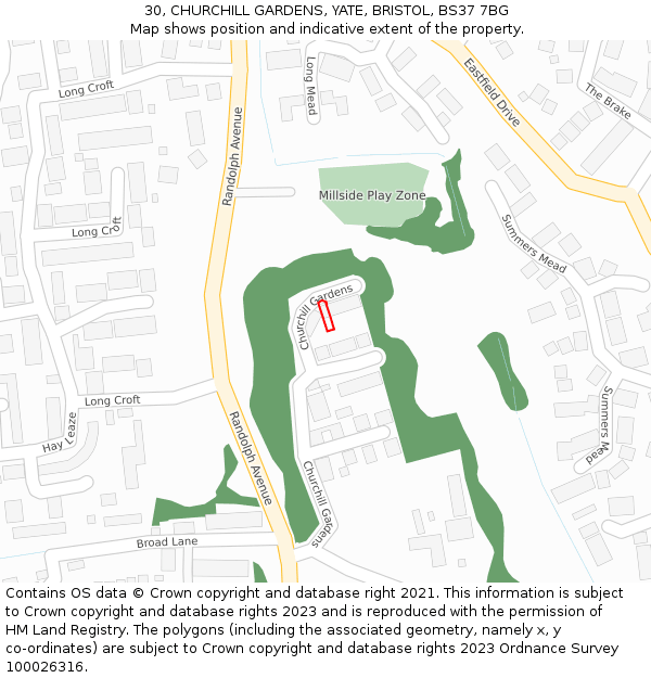 30, CHURCHILL GARDENS, YATE, BRISTOL, BS37 7BG: Location map and indicative extent of plot