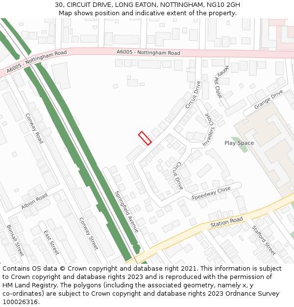 30, CIRCUIT DRIVE, LONG EATON, NOTTINGHAM, NG10 2GH: Location map and indicative extent of plot