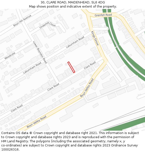 30, CLARE ROAD, MAIDENHEAD, SL6 4DG: Location map and indicative extent of plot