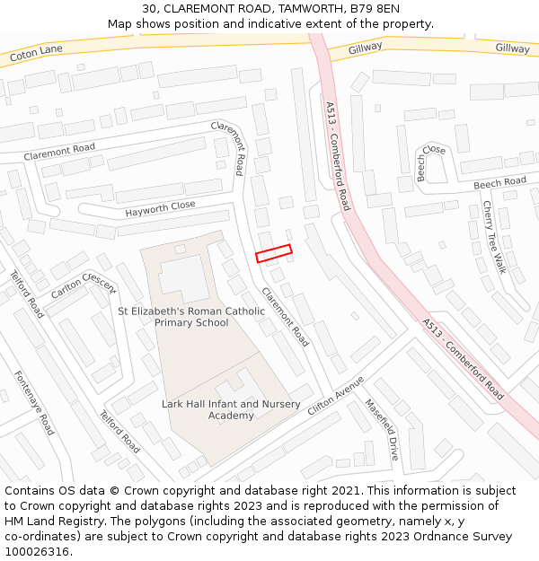 30, CLAREMONT ROAD, TAMWORTH, B79 8EN: Location map and indicative extent of plot