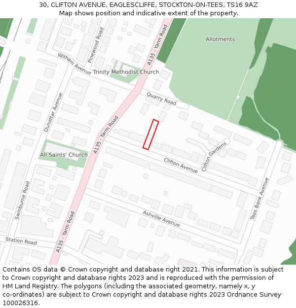 30, CLIFTON AVENUE, EAGLESCLIFFE, STOCKTON-ON-TEES, TS16 9AZ: Location map and indicative extent of plot