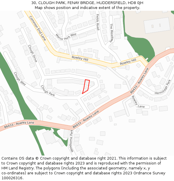 30, CLOUGH PARK, FENAY BRIDGE, HUDDERSFIELD, HD8 0JH: Location map and indicative extent of plot