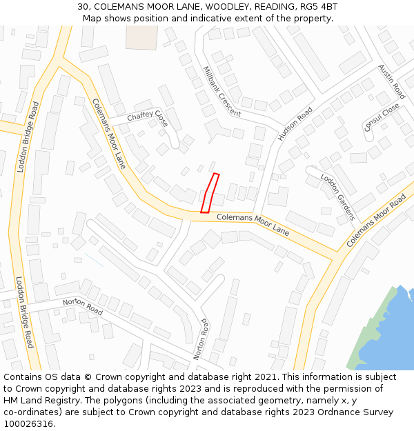 30, COLEMANS MOOR LANE, WOODLEY, READING, RG5 4BT: Location map and indicative extent of plot