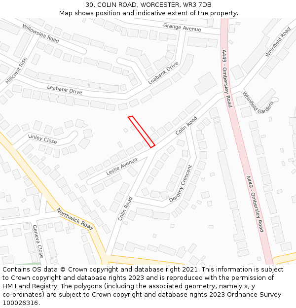 30, COLIN ROAD, WORCESTER, WR3 7DB: Location map and indicative extent of plot