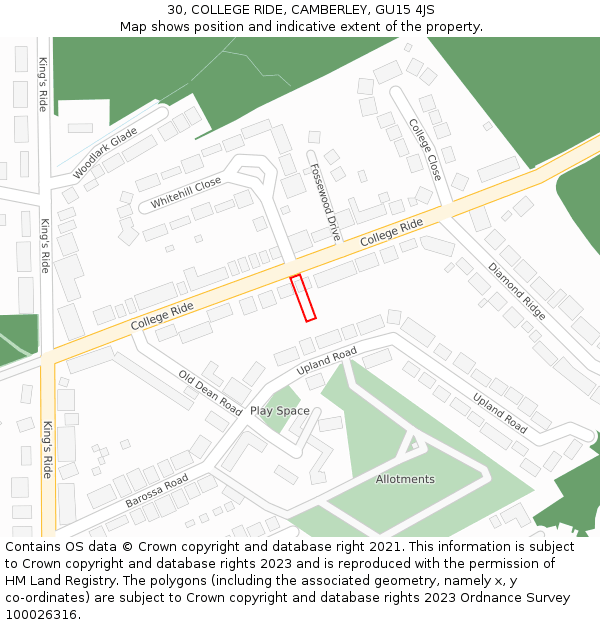 30, COLLEGE RIDE, CAMBERLEY, GU15 4JS: Location map and indicative extent of plot