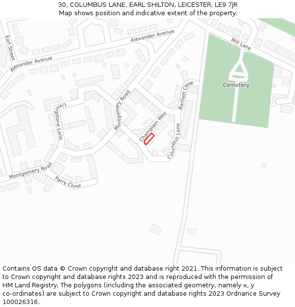 30, COLUMBUS LANE, EARL SHILTON, LEICESTER, LE9 7JR: Location map and indicative extent of plot