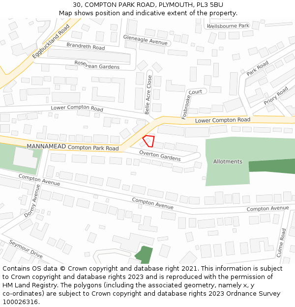 30, COMPTON PARK ROAD, PLYMOUTH, PL3 5BU: Location map and indicative extent of plot