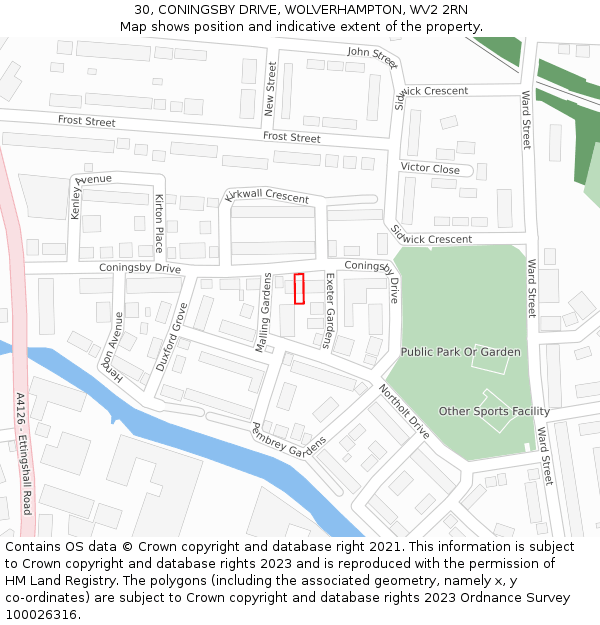 30, CONINGSBY DRIVE, WOLVERHAMPTON, WV2 2RN: Location map and indicative extent of plot