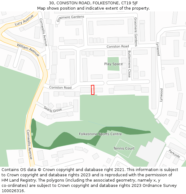 30, CONISTON ROAD, FOLKESTONE, CT19 5JF: Location map and indicative extent of plot