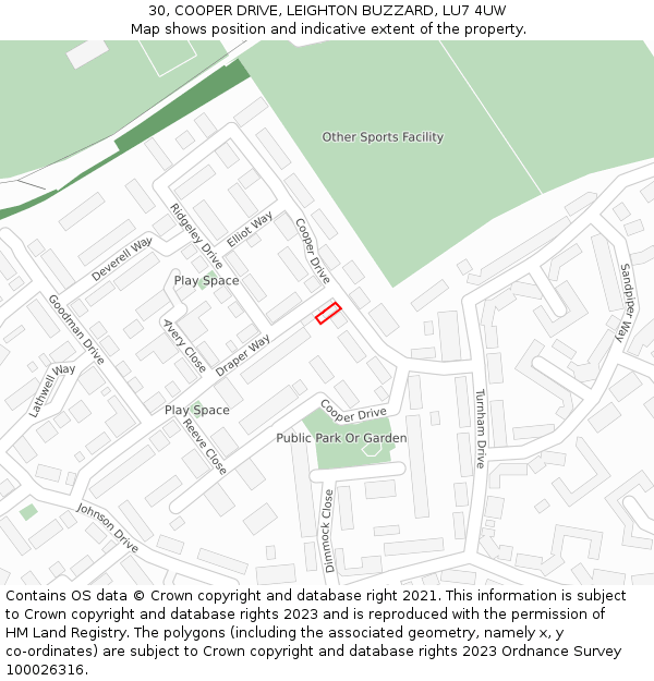 30, COOPER DRIVE, LEIGHTON BUZZARD, LU7 4UW: Location map and indicative extent of plot