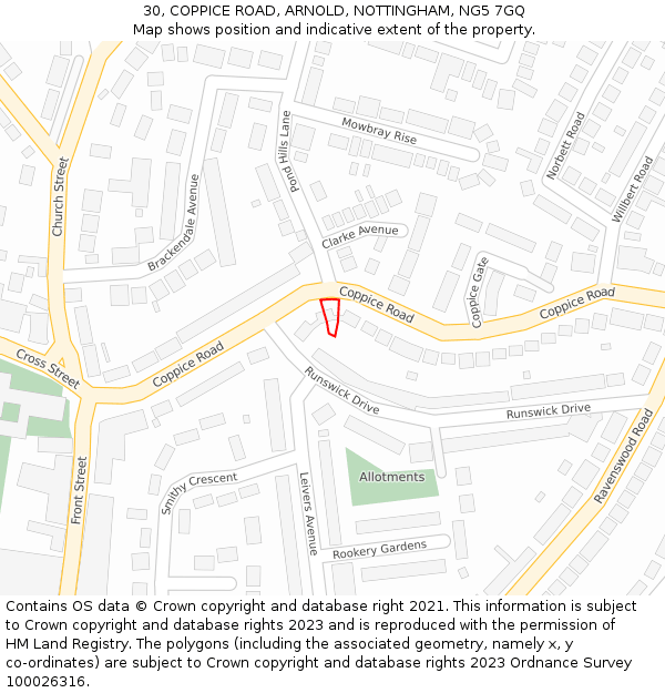 30, COPPICE ROAD, ARNOLD, NOTTINGHAM, NG5 7GQ: Location map and indicative extent of plot