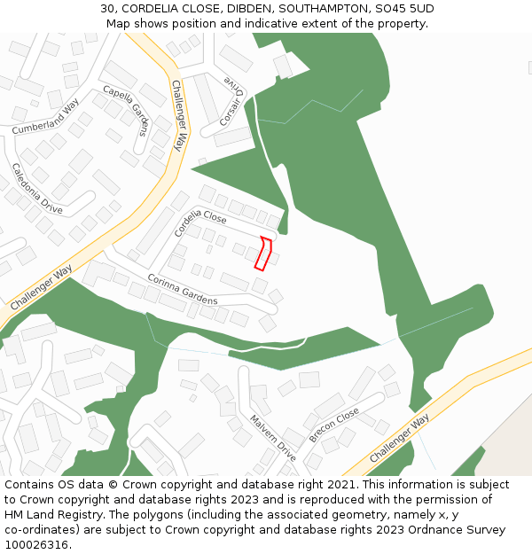 30, CORDELIA CLOSE, DIBDEN, SOUTHAMPTON, SO45 5UD: Location map and indicative extent of plot