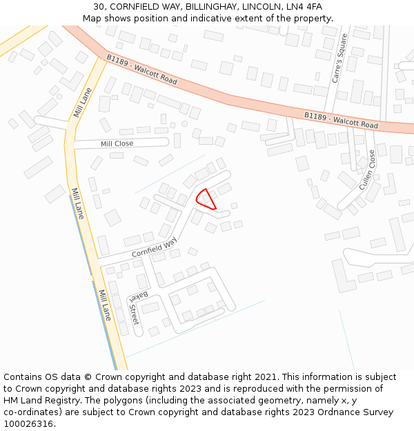 30, CORNFIELD WAY, BILLINGHAY, LINCOLN, LN4 4FA: Location map and indicative extent of plot