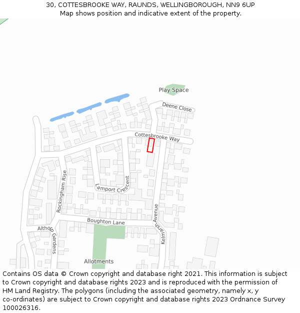 30, COTTESBROOKE WAY, RAUNDS, WELLINGBOROUGH, NN9 6UP: Location map and indicative extent of plot