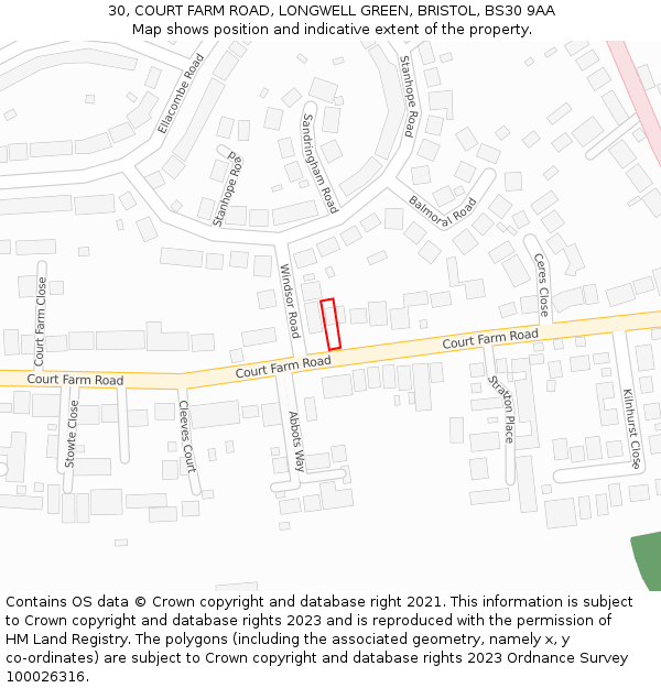 30, COURT FARM ROAD, LONGWELL GREEN, BRISTOL, BS30 9AA: Location map and indicative extent of plot