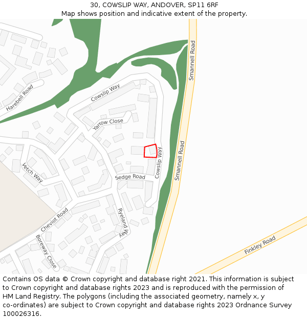 30, COWSLIP WAY, ANDOVER, SP11 6RF: Location map and indicative extent of plot
