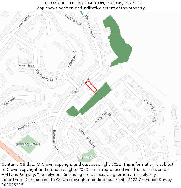 30, COX GREEN ROAD, EGERTON, BOLTON, BL7 9HF: Location map and indicative extent of plot