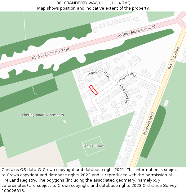 30, CRANBERRY WAY, HULL, HU4 7AQ: Location map and indicative extent of plot