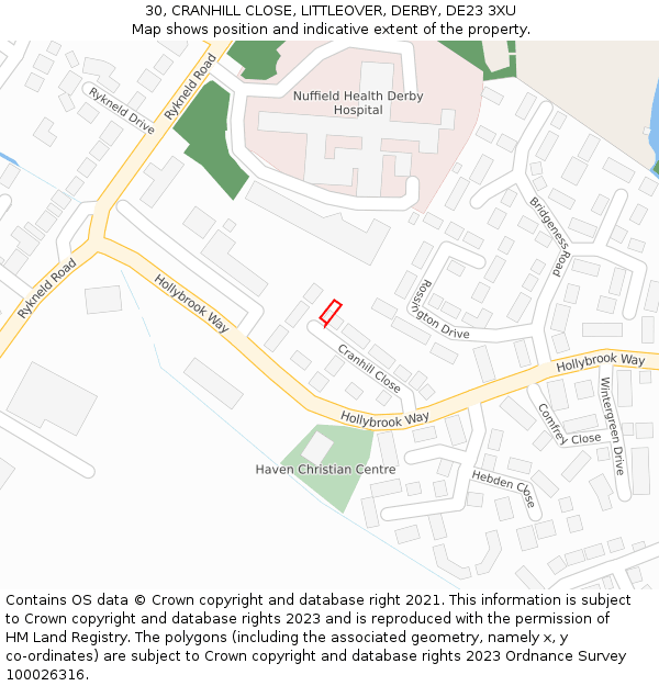 30, CRANHILL CLOSE, LITTLEOVER, DERBY, DE23 3XU: Location map and indicative extent of plot