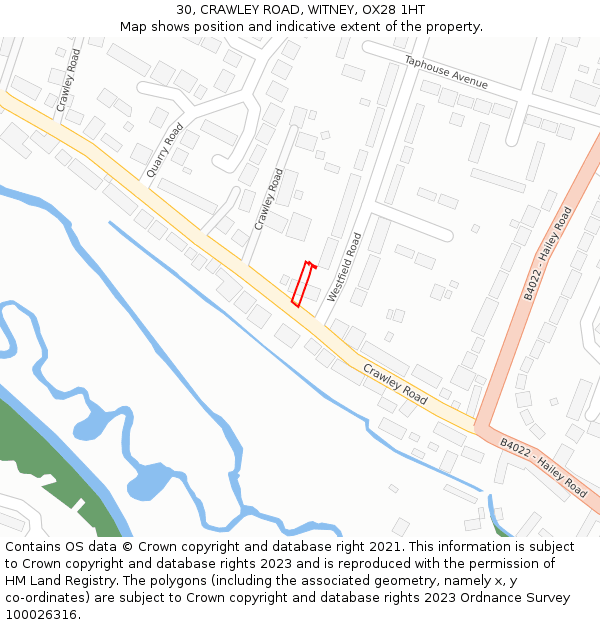 30, CRAWLEY ROAD, WITNEY, OX28 1HT: Location map and indicative extent of plot