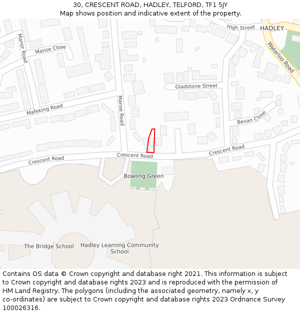 30, CRESCENT ROAD, HADLEY, TELFORD, TF1 5JY: Location map and indicative extent of plot