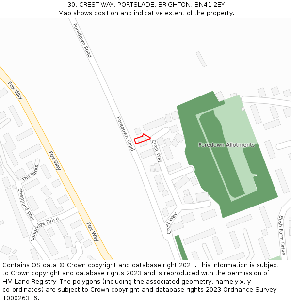 30, CREST WAY, PORTSLADE, BRIGHTON, BN41 2EY: Location map and indicative extent of plot