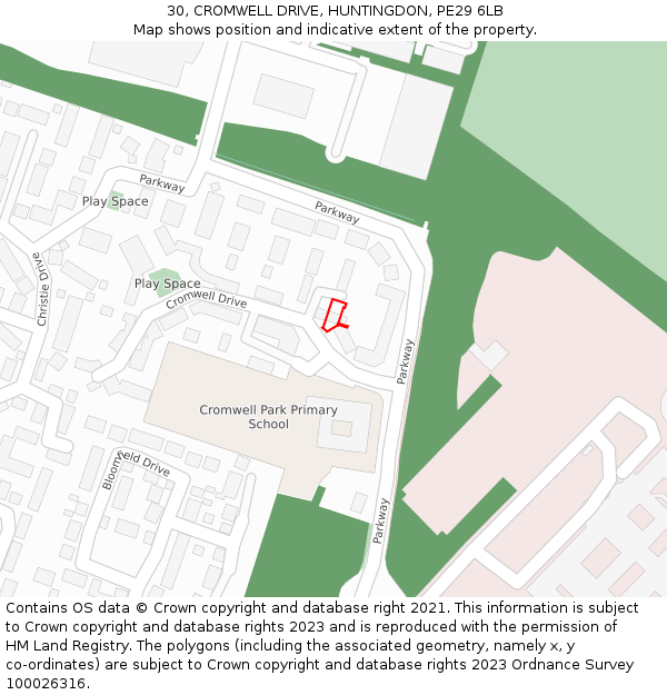 30, CROMWELL DRIVE, HUNTINGDON, PE29 6LB: Location map and indicative extent of plot