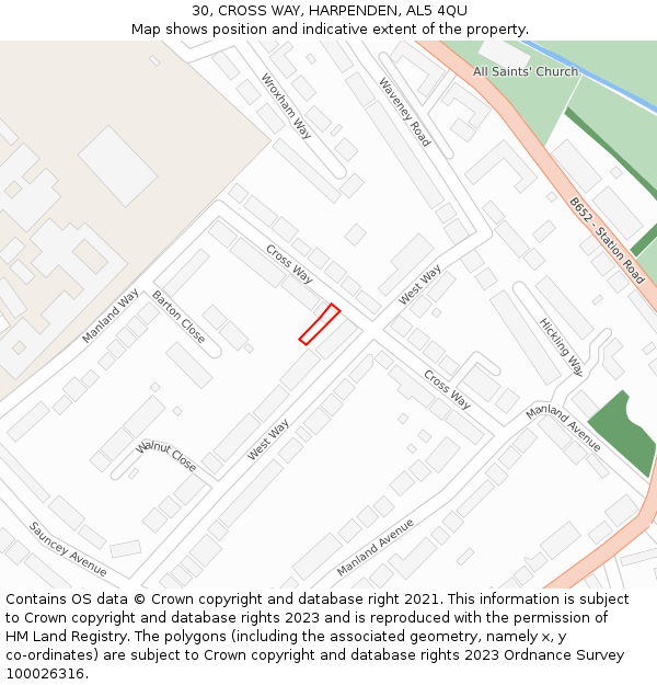 30, CROSS WAY, HARPENDEN, AL5 4QU: Location map and indicative extent of plot