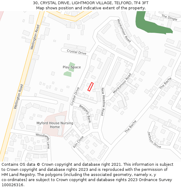 30, CRYSTAL DRIVE, LIGHTMOOR VILLAGE, TELFORD, TF4 3FT: Location map and indicative extent of plot