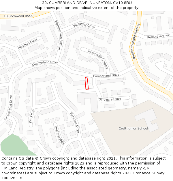 30, CUMBERLAND DRIVE, NUNEATON, CV10 8BU: Location map and indicative extent of plot