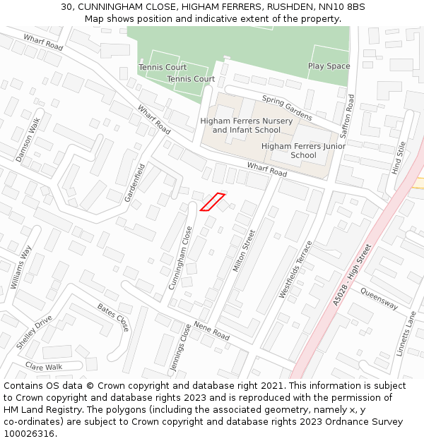 30, CUNNINGHAM CLOSE, HIGHAM FERRERS, RUSHDEN, NN10 8BS: Location map and indicative extent of plot
