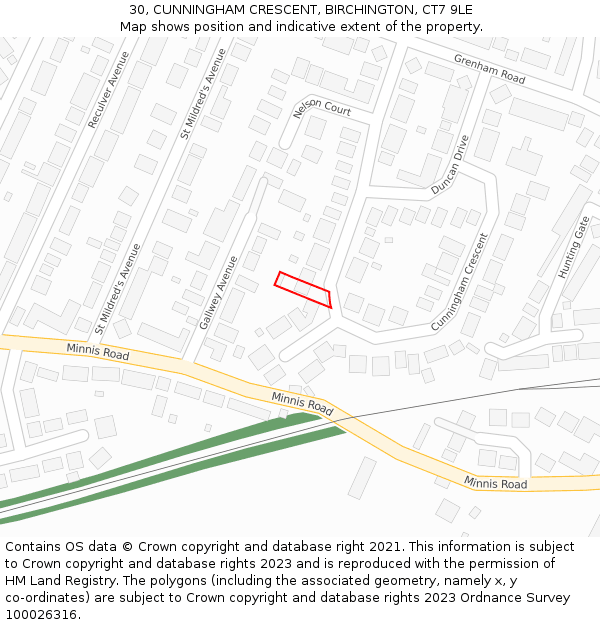 30, CUNNINGHAM CRESCENT, BIRCHINGTON, CT7 9LE: Location map and indicative extent of plot