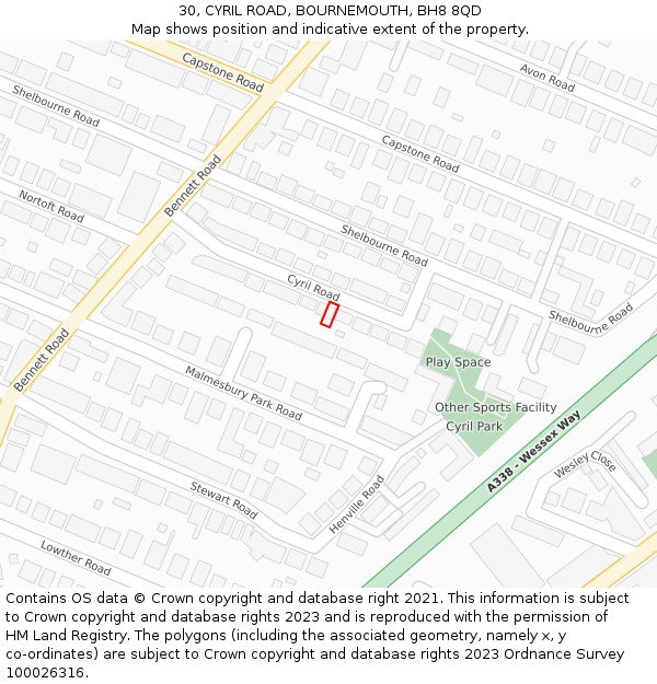 30, CYRIL ROAD, BOURNEMOUTH, BH8 8QD: Location map and indicative extent of plot