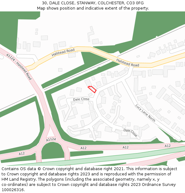 30, DALE CLOSE, STANWAY, COLCHESTER, CO3 0FG: Location map and indicative extent of plot