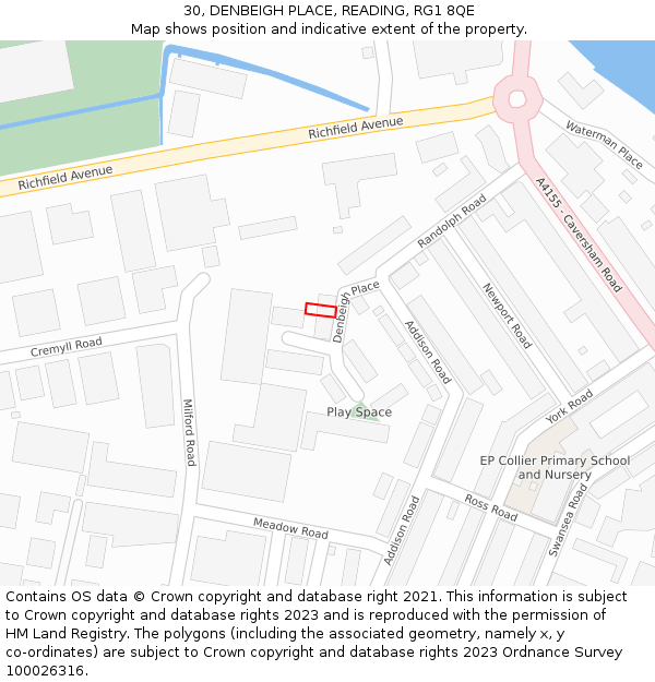 30, DENBEIGH PLACE, READING, RG1 8QE: Location map and indicative extent of plot
