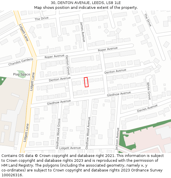 30, DENTON AVENUE, LEEDS, LS8 1LE: Location map and indicative extent of plot