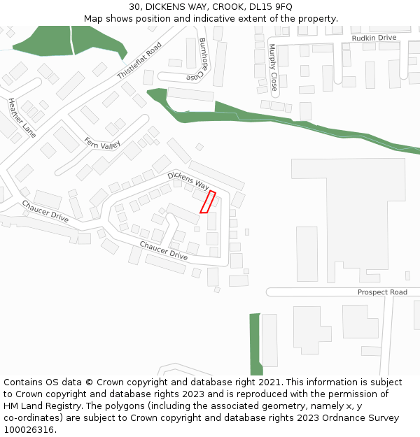 30, DICKENS WAY, CROOK, DL15 9FQ: Location map and indicative extent of plot