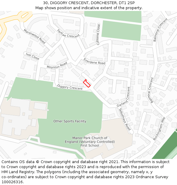 30, DIGGORY CRESCENT, DORCHESTER, DT1 2SP: Location map and indicative extent of plot