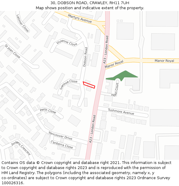 30, DOBSON ROAD, CRAWLEY, RH11 7UH: Location map and indicative extent of plot