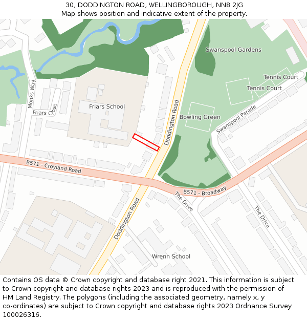 30, DODDINGTON ROAD, WELLINGBOROUGH, NN8 2JG: Location map and indicative extent of plot