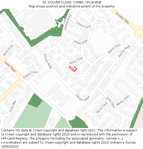 30, DOLVER CLOSE, CORBY, NN18 8NB: Location map and indicative extent of plot