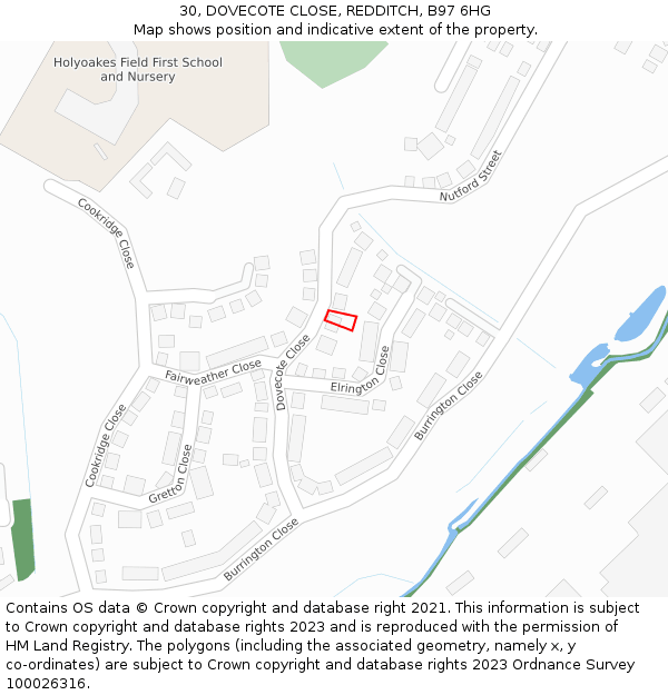 30, DOVECOTE CLOSE, REDDITCH, B97 6HG: Location map and indicative extent of plot