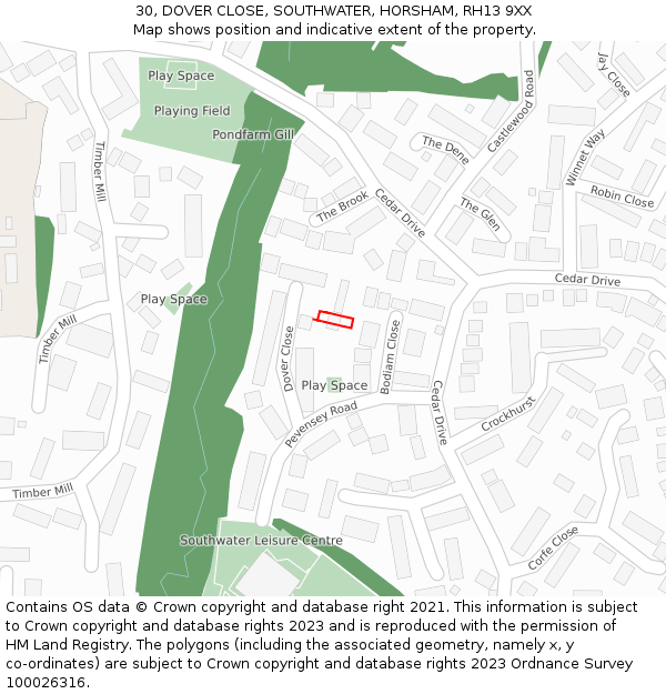 30, DOVER CLOSE, SOUTHWATER, HORSHAM, RH13 9XX: Location map and indicative extent of plot