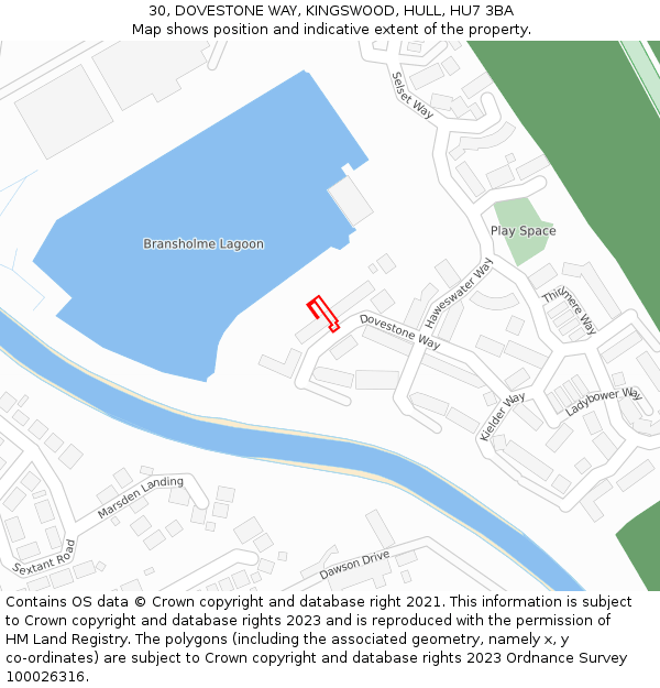 30, DOVESTONE WAY, KINGSWOOD, HULL, HU7 3BA: Location map and indicative extent of plot