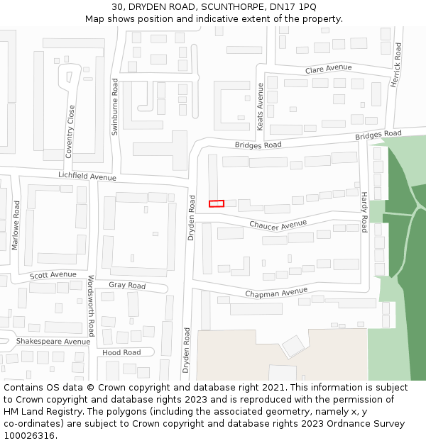 30, DRYDEN ROAD, SCUNTHORPE, DN17 1PQ: Location map and indicative extent of plot