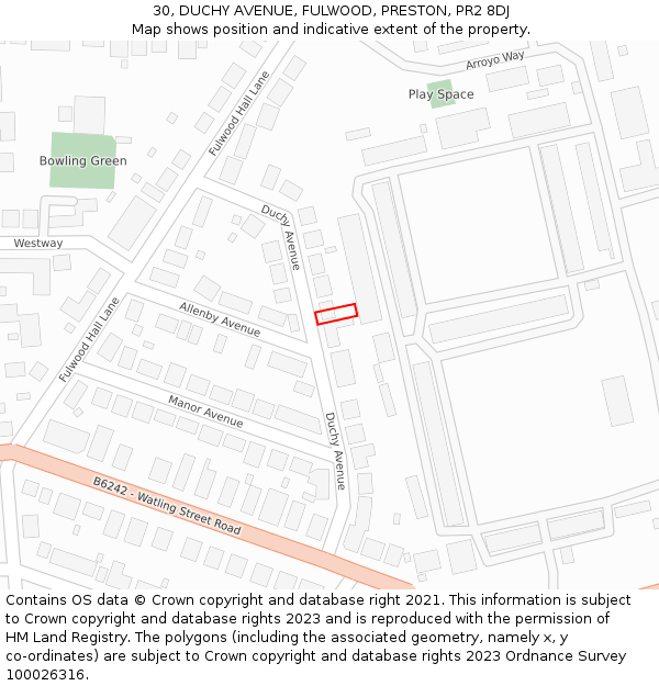 30, DUCHY AVENUE, FULWOOD, PRESTON, PR2 8DJ: Location map and indicative extent of plot