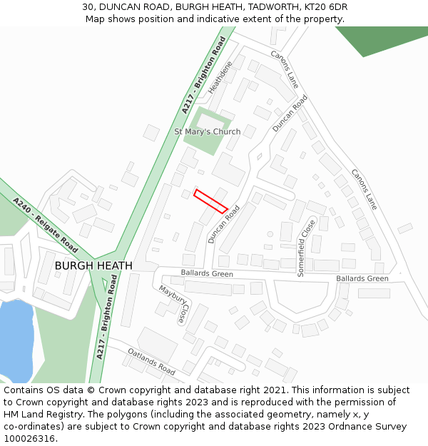 30, DUNCAN ROAD, BURGH HEATH, TADWORTH, KT20 6DR: Location map and indicative extent of plot