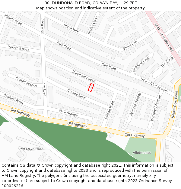 30, DUNDONALD ROAD, COLWYN BAY, LL29 7RE: Location map and indicative extent of plot