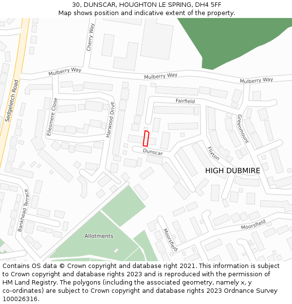 30, DUNSCAR, HOUGHTON LE SPRING, DH4 5FF: Location map and indicative extent of plot