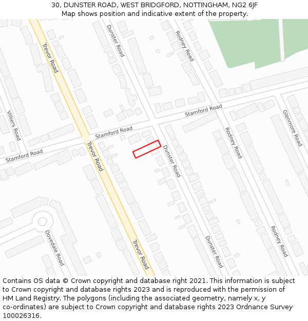 30, DUNSTER ROAD, WEST BRIDGFORD, NOTTINGHAM, NG2 6JF: Location map and indicative extent of plot